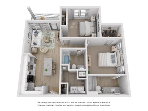 Floor plan for 2 beds, 2 baths, 997 sqft